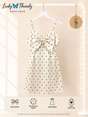 NWT  White Black Polka Dot Bow Mini Dress S